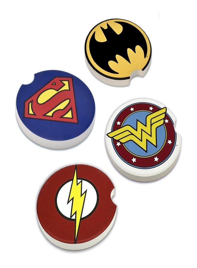 Elektroplate Officially Licensed DC Comics Justice League Symbols Automotive Ceramic Coasters (2.6" Diameter) | Universal Fit for Cars, Trucks, SUVs & More | Absorbent Non-Slip Durable | Set of 4 - Image 1